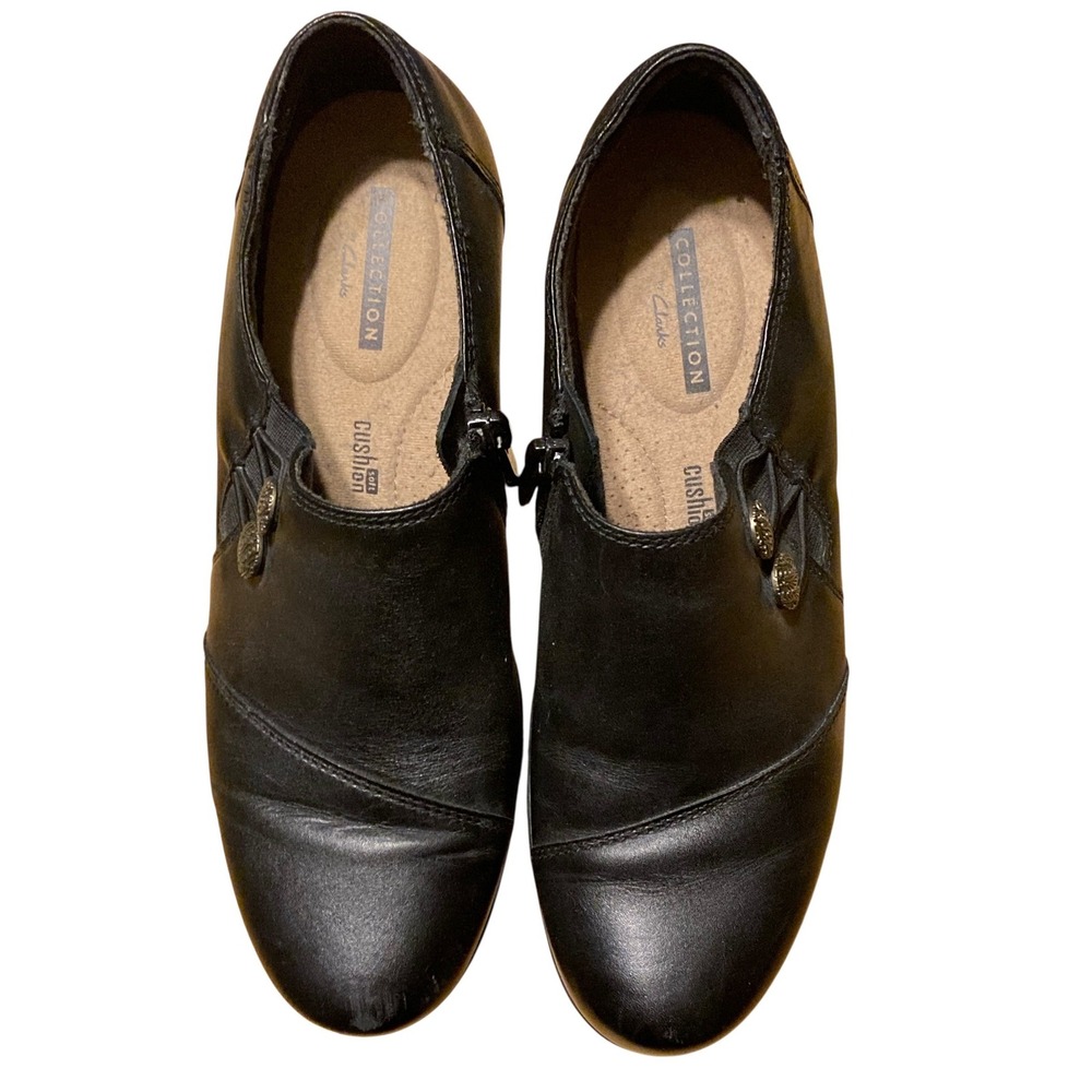 Clarks Collection Black Leather Side Zip Button Booties Shooties 6.5M